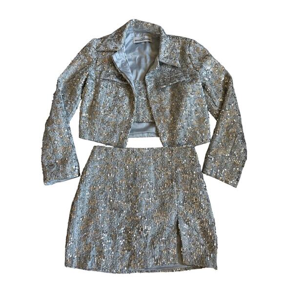 Women’s AMANDA UPRICHARD Robbie Jacket Skirt Tank Set Silver Sequin 3-PC Small - Picture 1 of 12